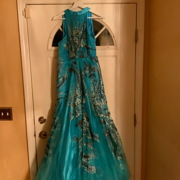 Turquoise and brown peacock prom dress . - Picture 2 of 15